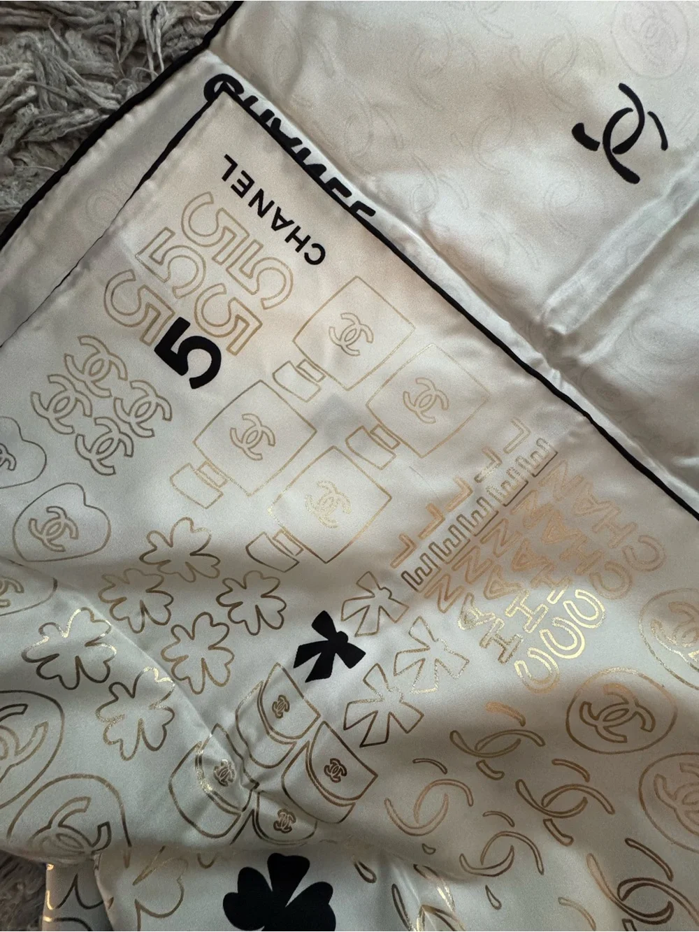 CHANEL Ivory Silk Logo & Motif Scarf with Black Accents